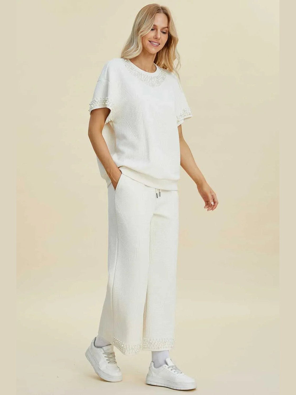 Double Take Full Size Pearl Detail Round Neck Top and Pants Set -- 