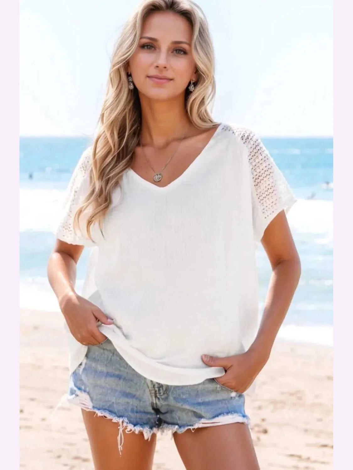 Lace Crochet Textured Button Back V Neck T Shirt -- 