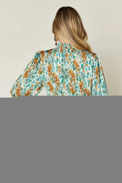 Double Take Full Size Printed Smocked Long Sleeve Blouse