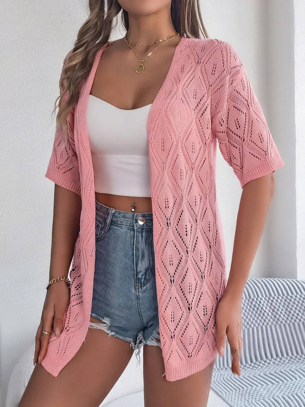 Openwork Open Front Half Sleeve Cardigan – White, Khaki & Blush Pink