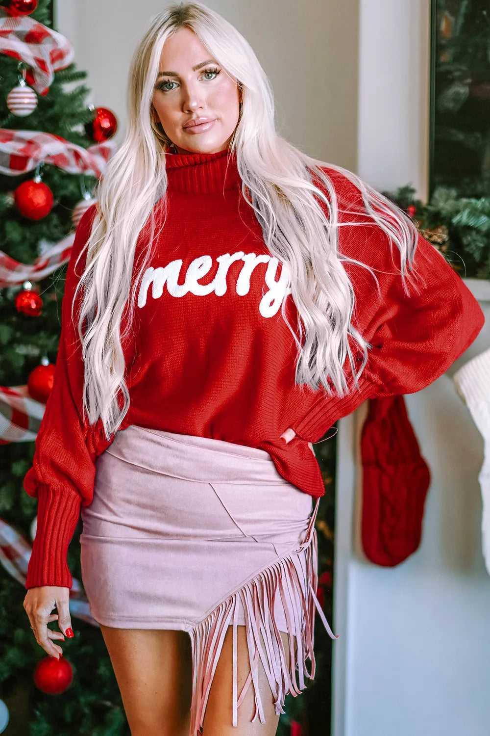 Double Take Full Size Merry Christmas Turtleneck Long Sleeve Sweater -- 