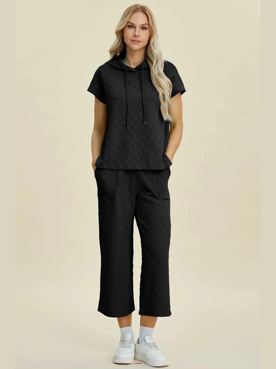 Double Take Full Size Texture Drawstring Short Sleeve Hoodie and Pocketed Pants Set -- 