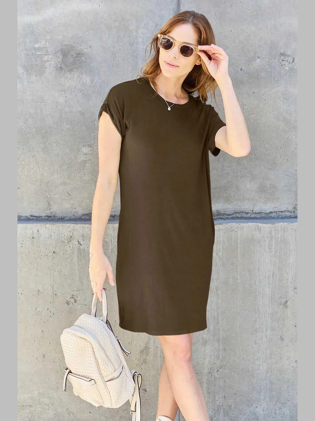 Basic Bae Full Size Round Neck Short Sleeve Dress with Pockets -- 