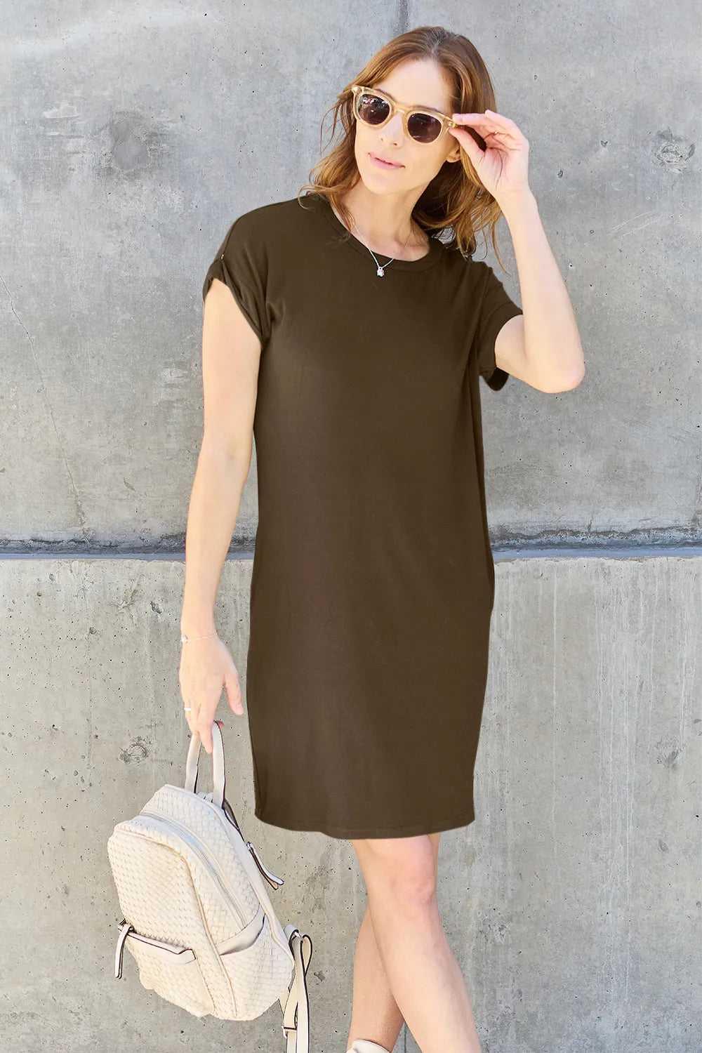 Basic Bae Full Size Round Neck Short Sleeve Dress with Pockets -- 