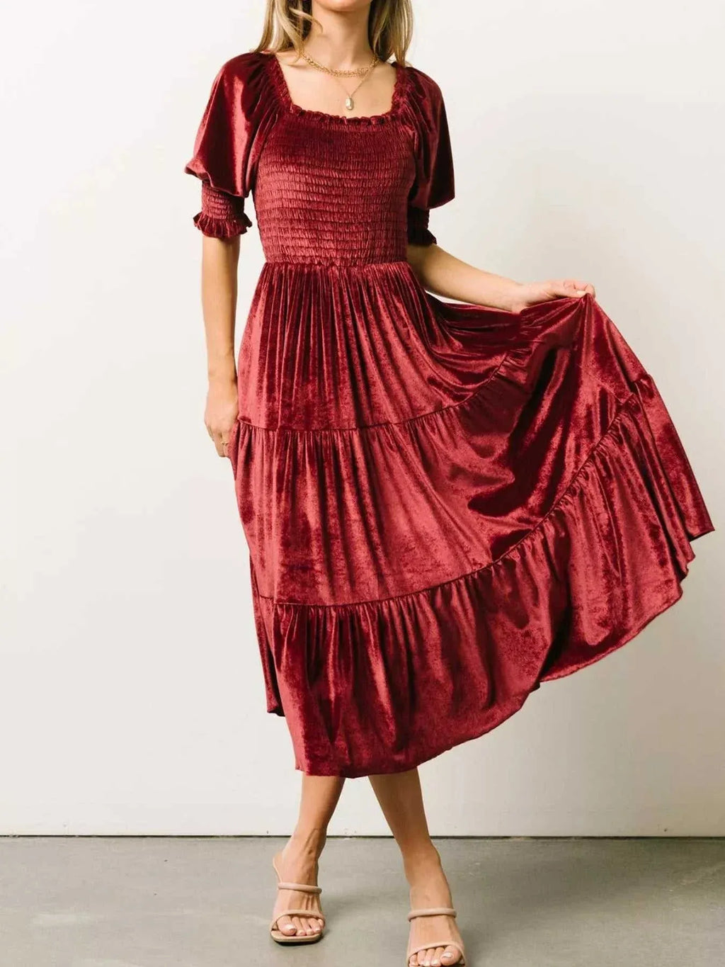 Velvet Smocked Tiered Midi Dress -- 