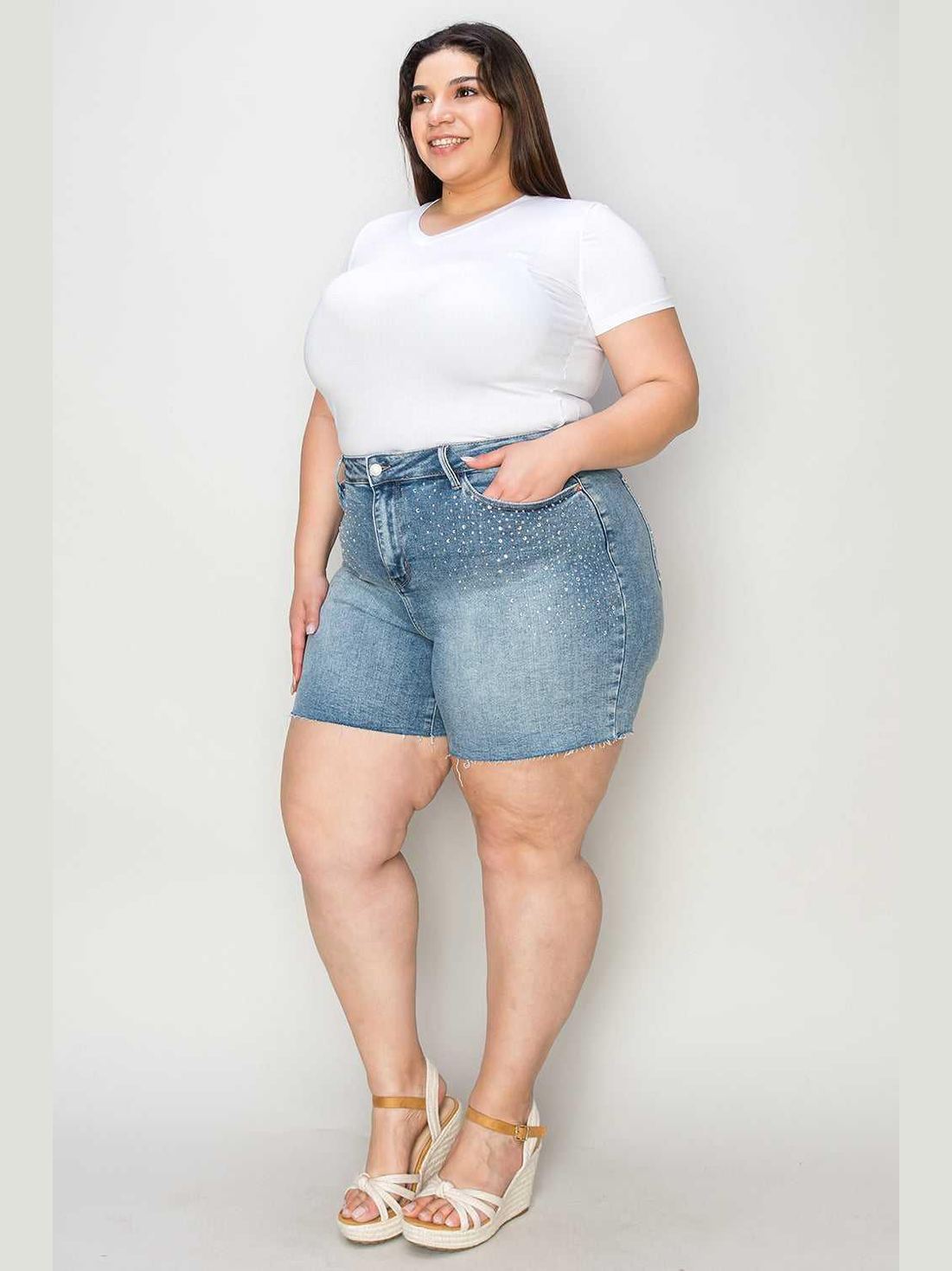 Judy Blue Full Size High Waist Rhinestone Decor Denim Shorts -- 