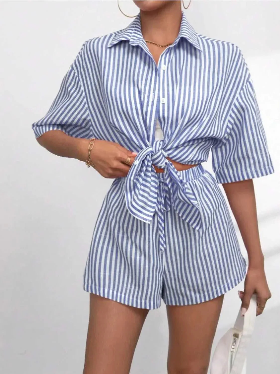 Striped Button Up Shirt and Shorts Set -- 