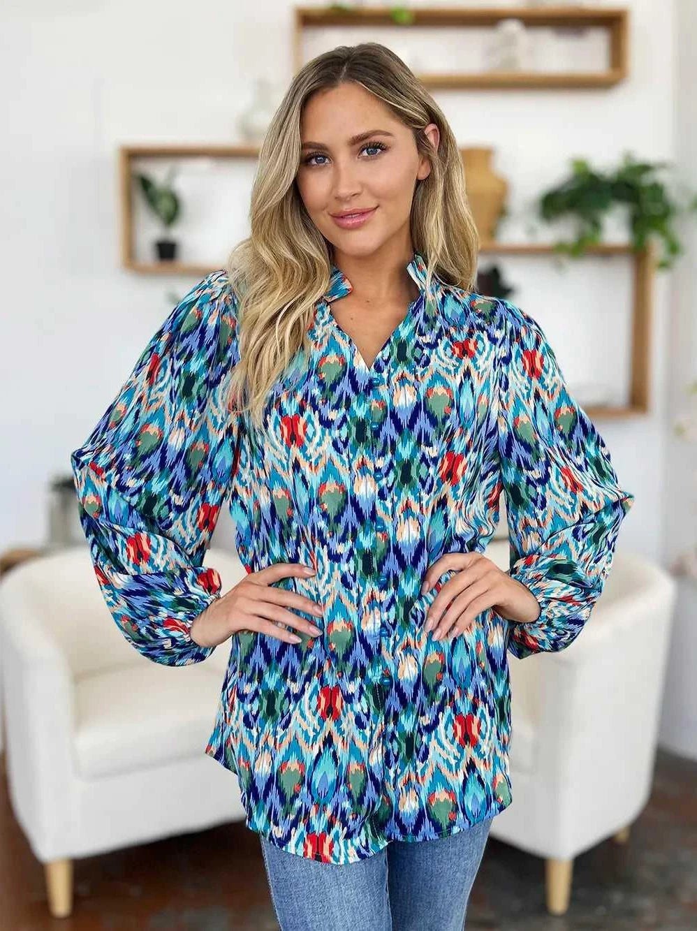 Double Take Full Size Printed Balloon Sleeve Blouse -- 