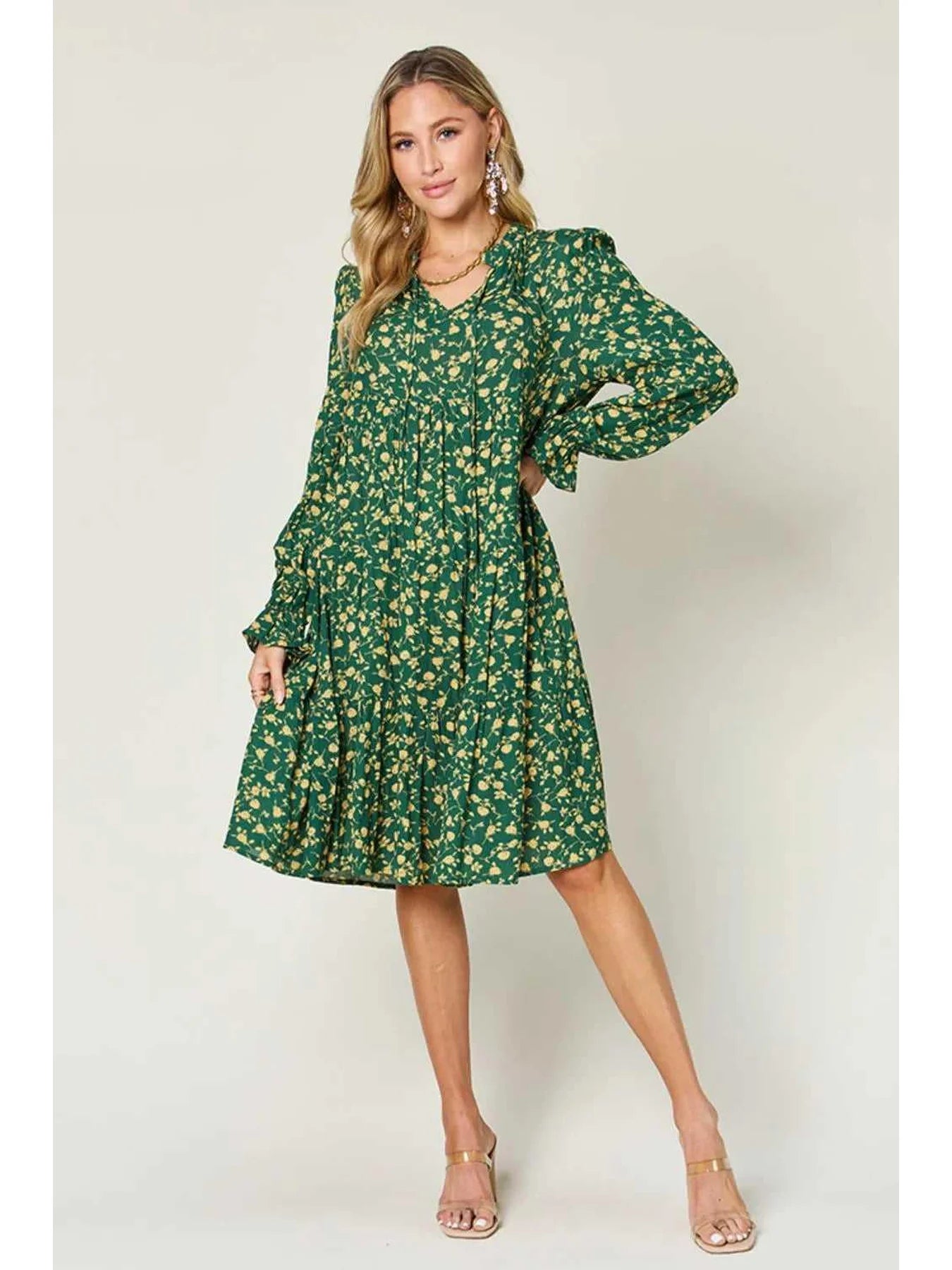 Double Take Full Size Printed Ruffle Hem Long Sleeve Tiered Dress -- 