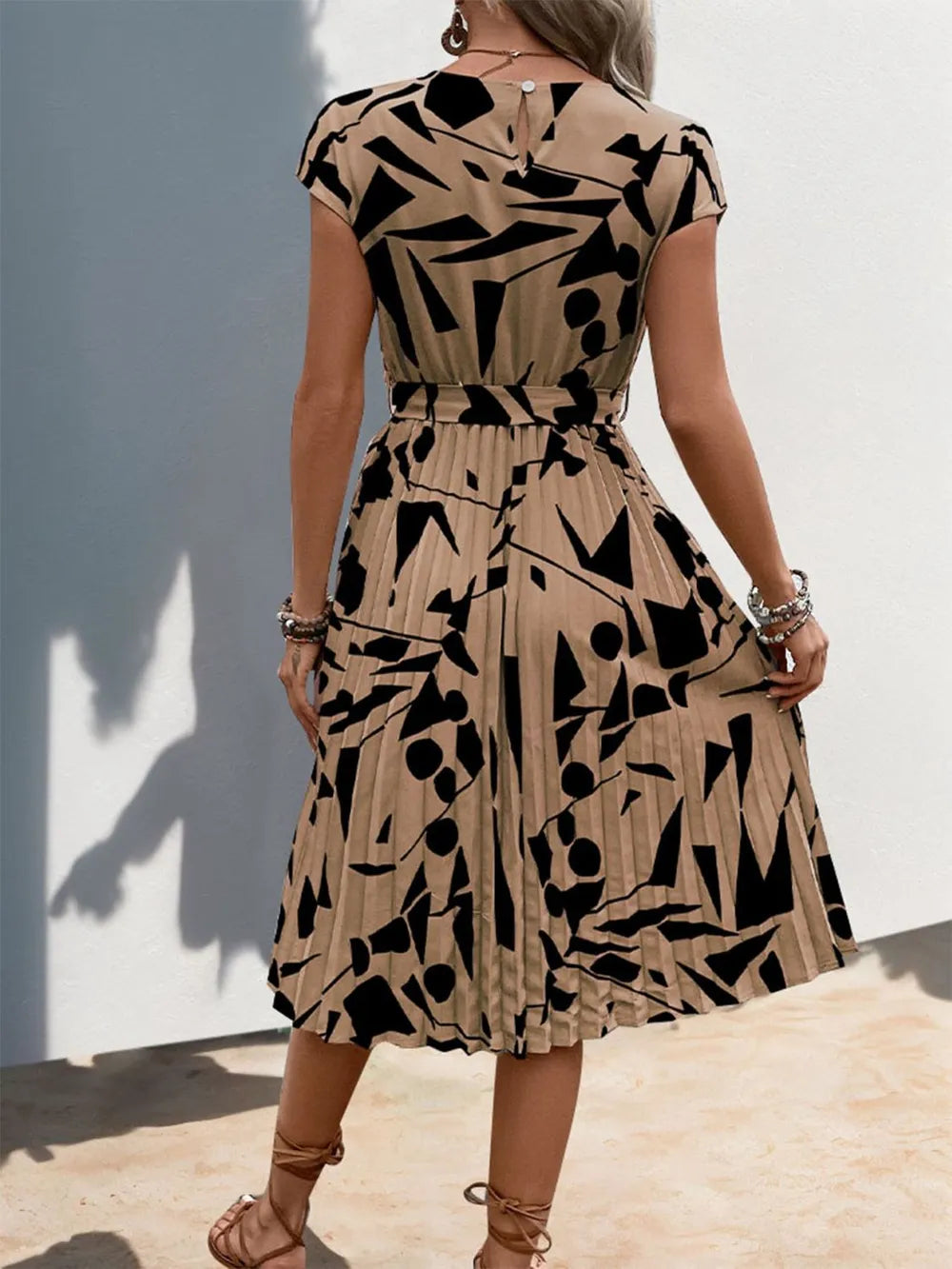 Tied Pleated Printed Midi Dress – Modest Cap Sleeve