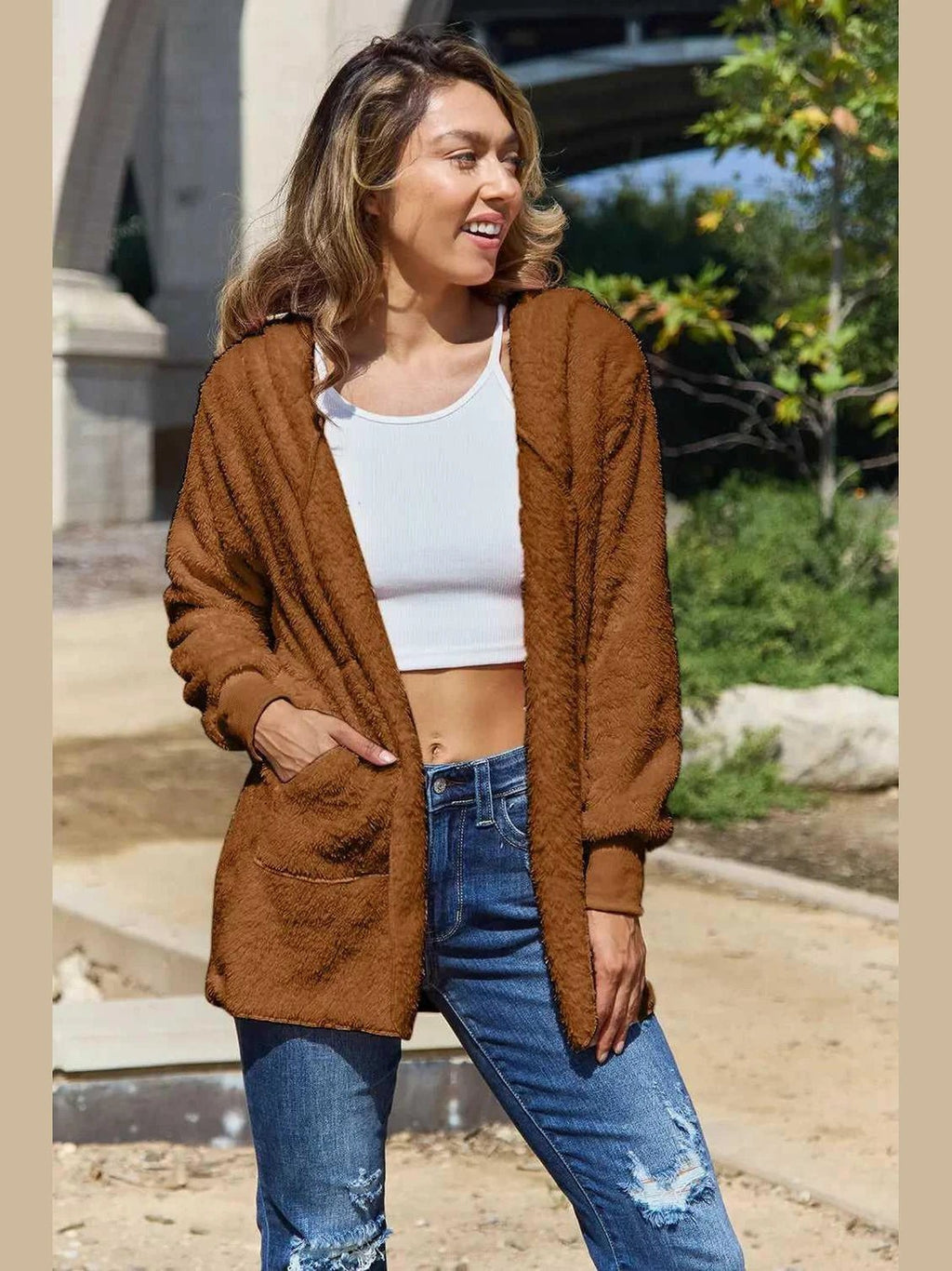 Full Size Teddy Hooded Jacket with Pockets -- 