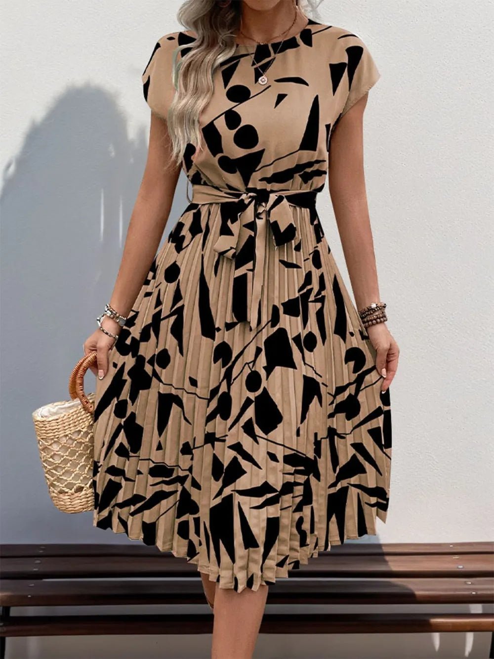 Tied Pleated Printed Midi Dress – Modest Cap Sleeve
