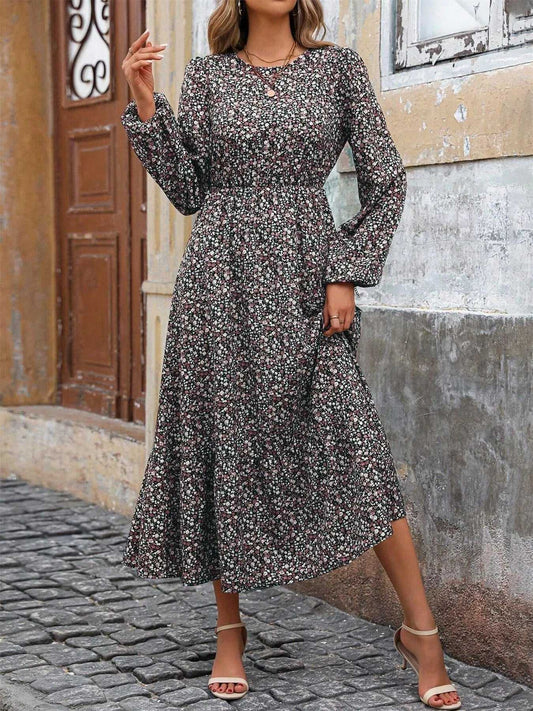 Printed Long Sleeve Midi Dress with Elastic Waist