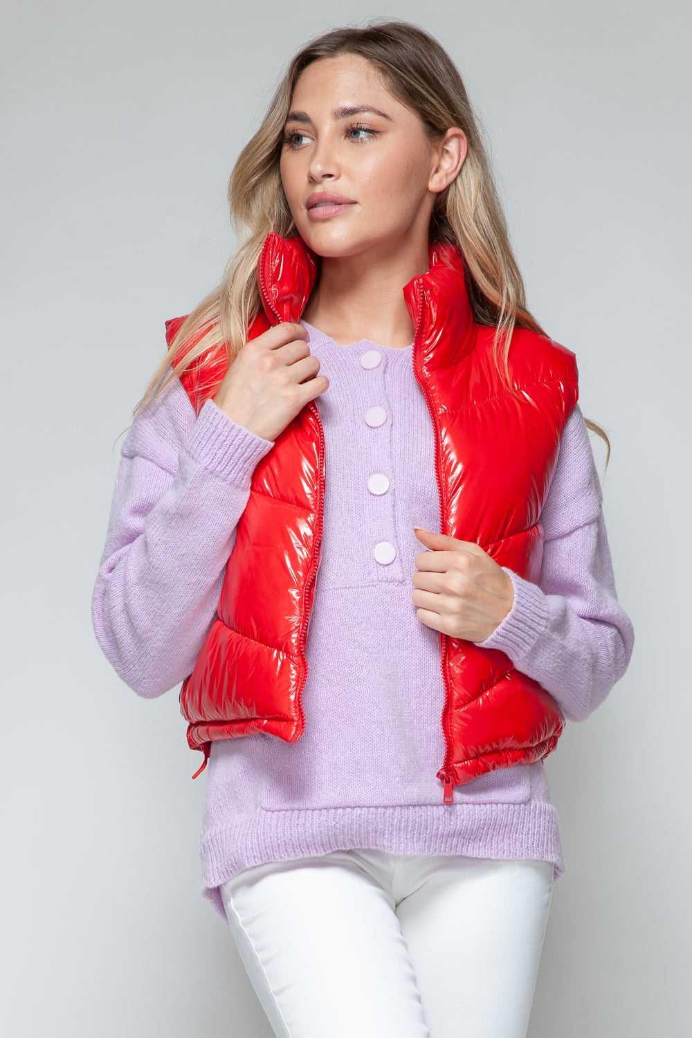 Snobbish Zip Up Turtleneck Shiny Quilted Vest -- 