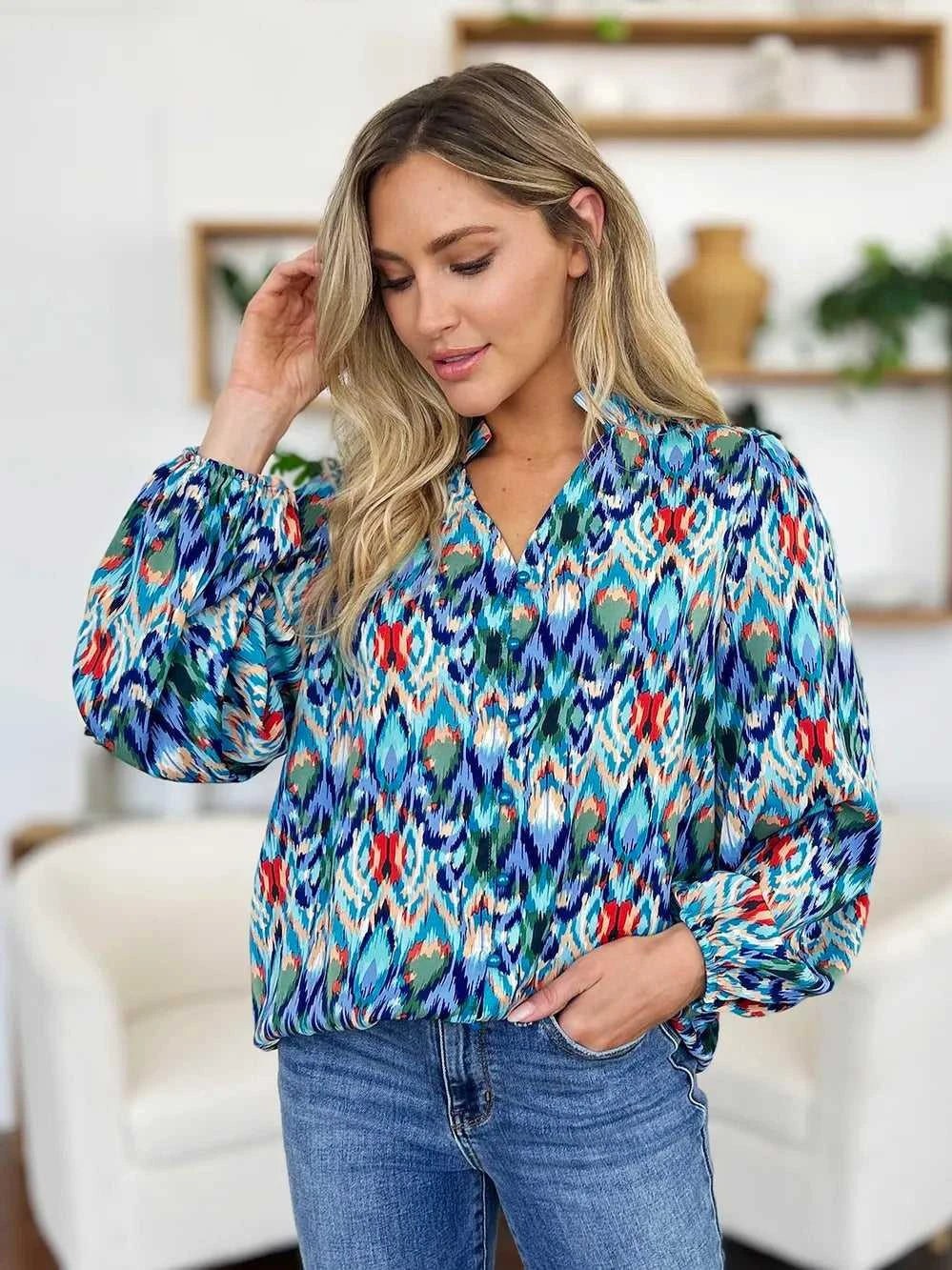 Double Take Full Size Printed Balloon Sleeve Blouse -- 
