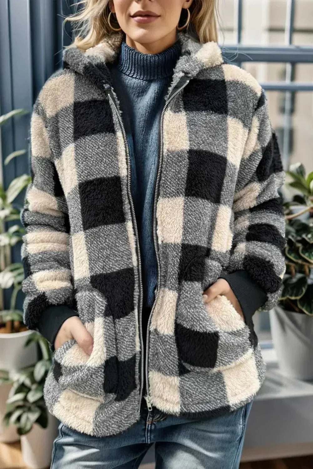 Double Take Full Size Plaid Long Sleeve Hooded Coat -- 