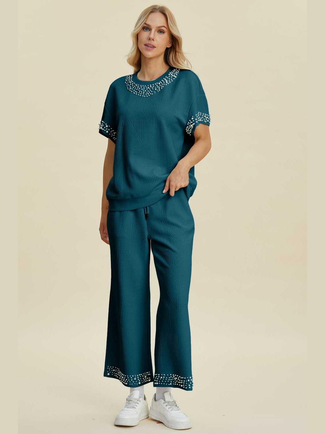 Double Take Full Size Pearl Detail Round Neck Top and Pants Set -- 