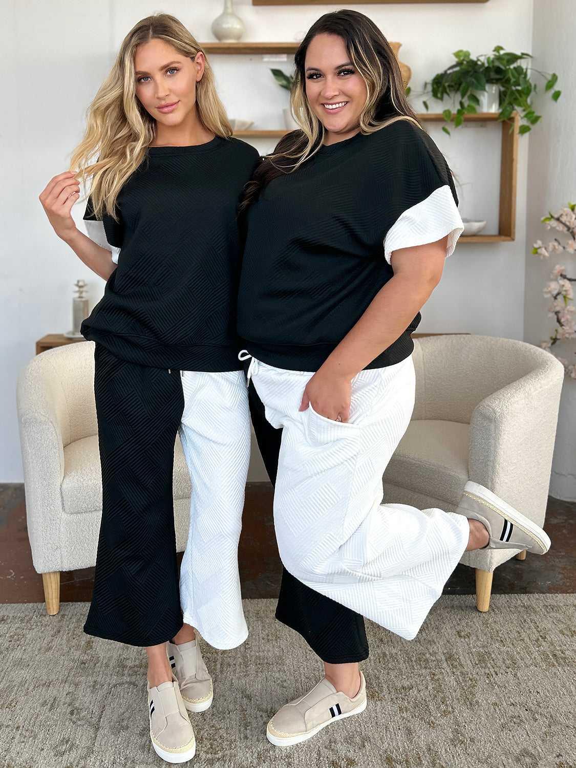 Double Take Full Size Texture Contrast T-Shirt and Wide Leg Pants Set -- 