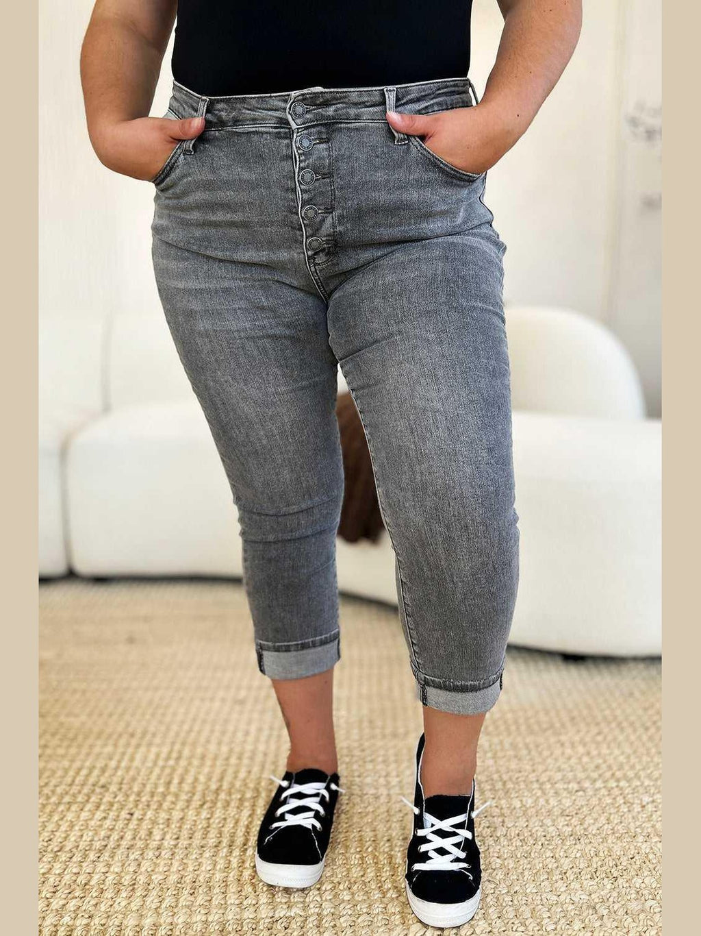 Judy Blue Full Size Button Fly High Waist Cuffed Capris -- 