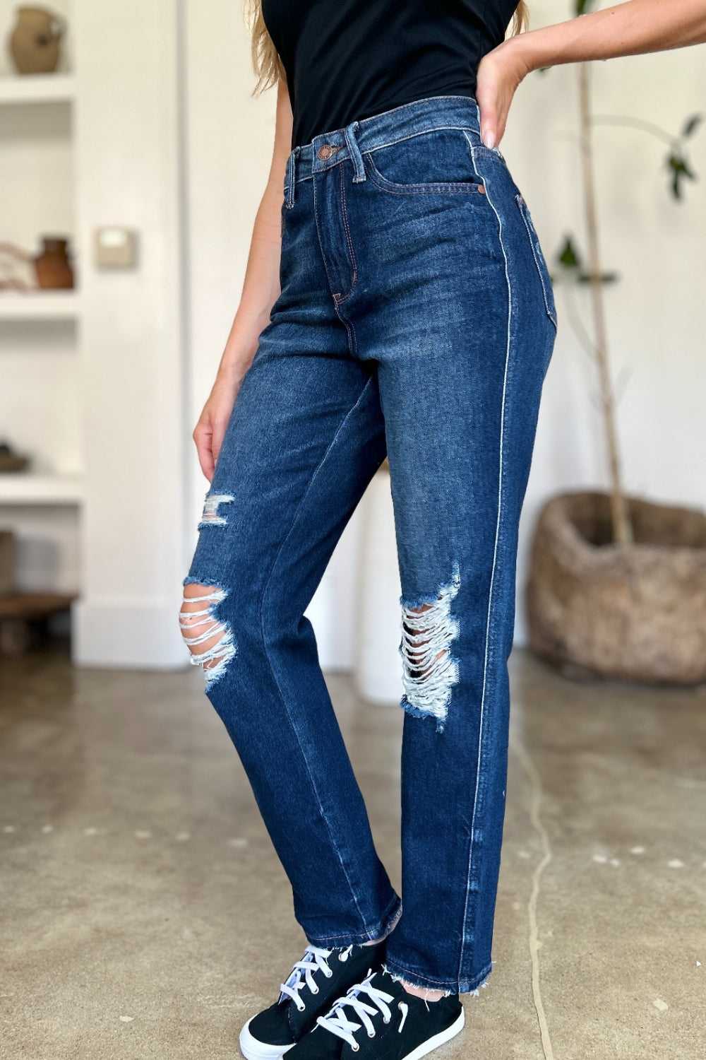 Judy Blue Full Size High Waist Rigid Magic Distress Straight Jeans
