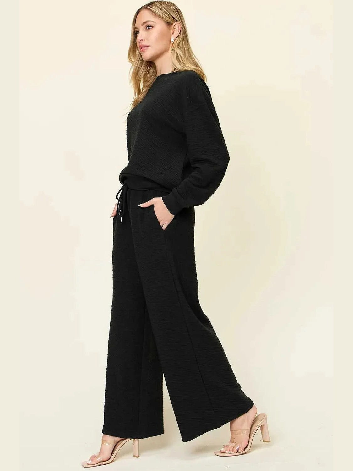 Double Take Full Size Texture Long Sleeve Top and Pants Set -- 
