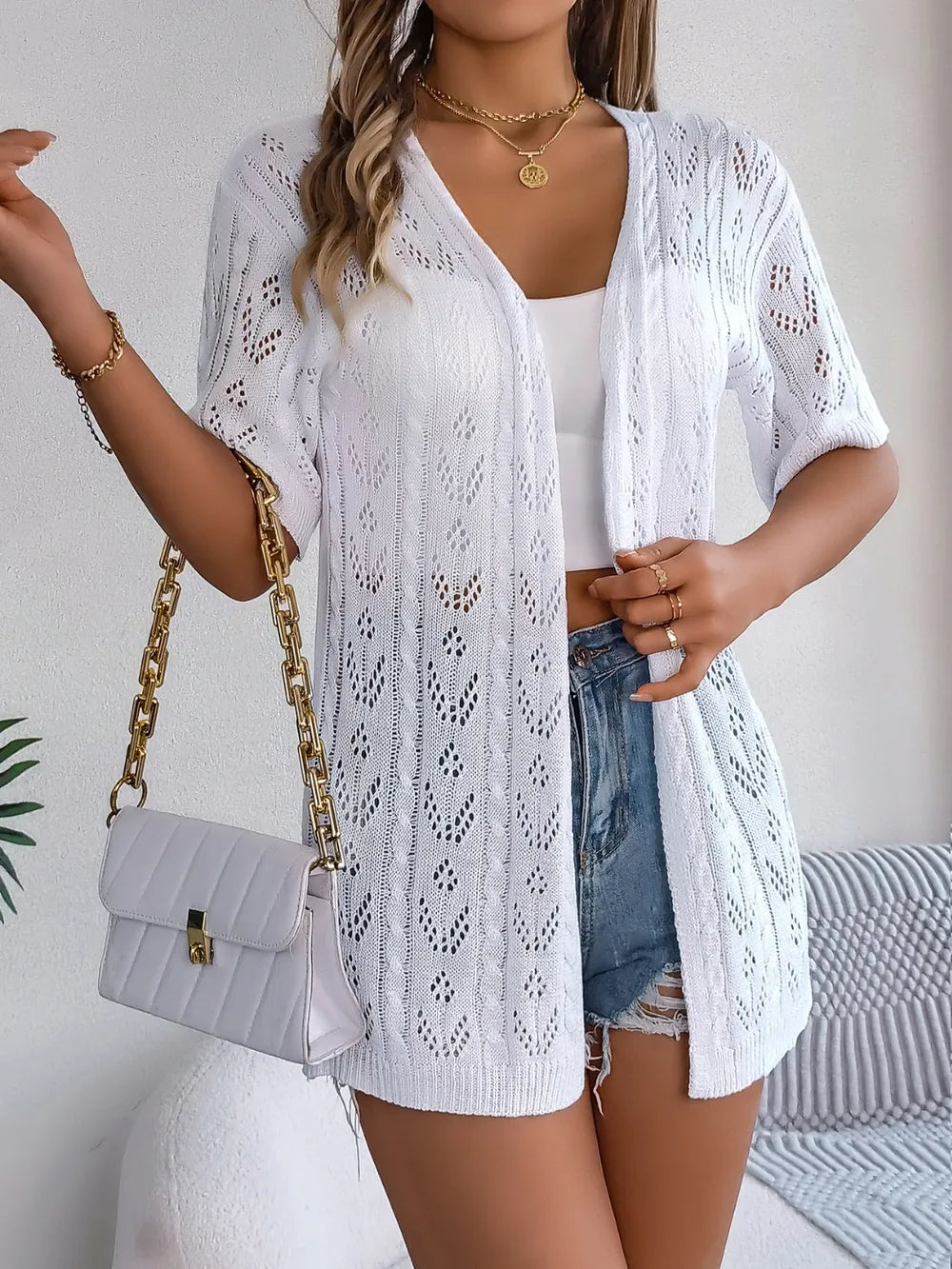 Openwork Open Front Half Sleeve Cardigan – Tan, White & Pink