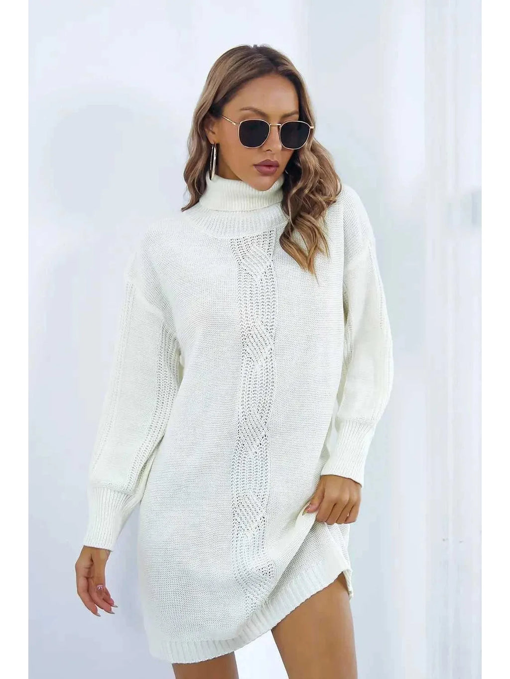 Openwork Turtleneck Long Sleeve Sweater Dress -- 