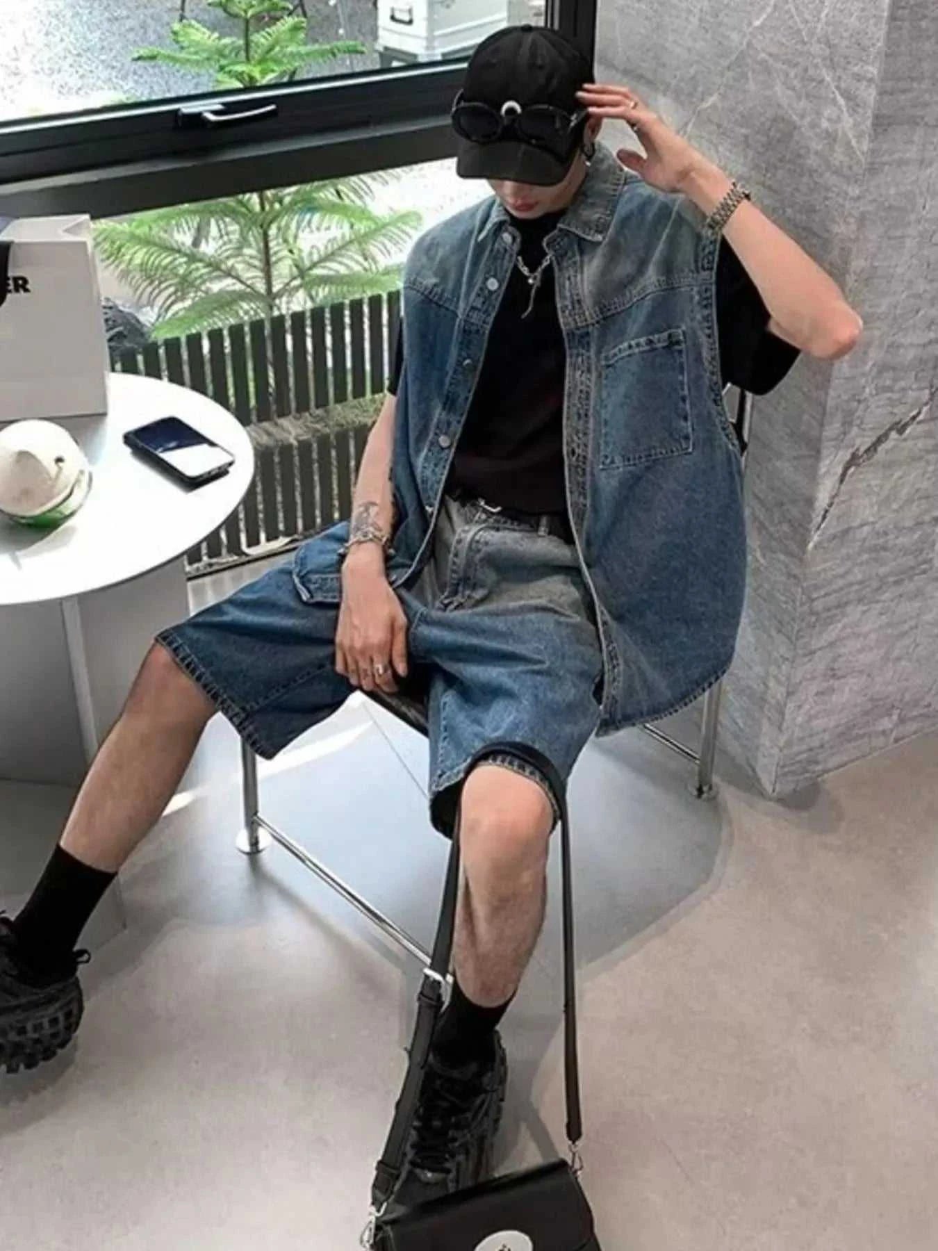 Men's Plus Size Button Up Vest and Shorts Denim Set