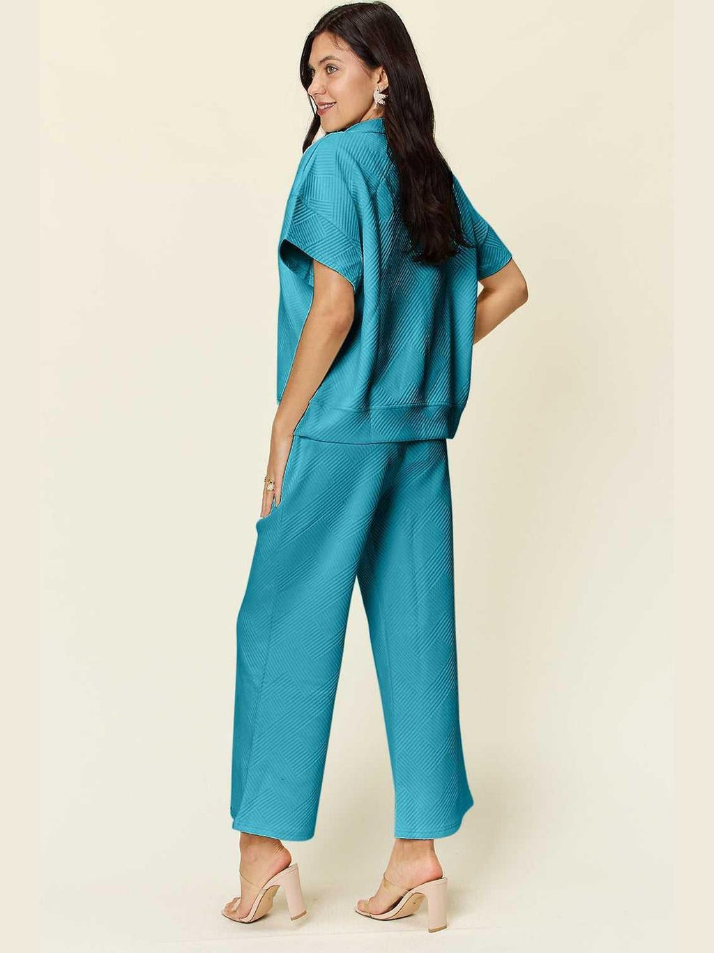 Double Take Full Size Texture Half Zip Short Sleeve Top and Pants Set -- 