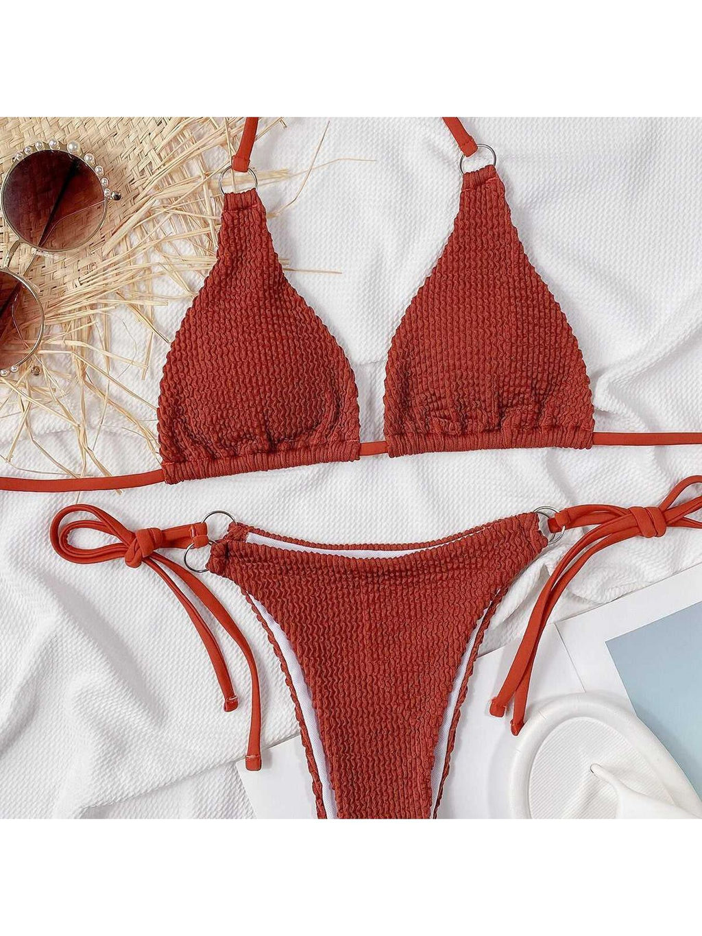 Textured Halter Neck Tie Side Bikini Set -- 