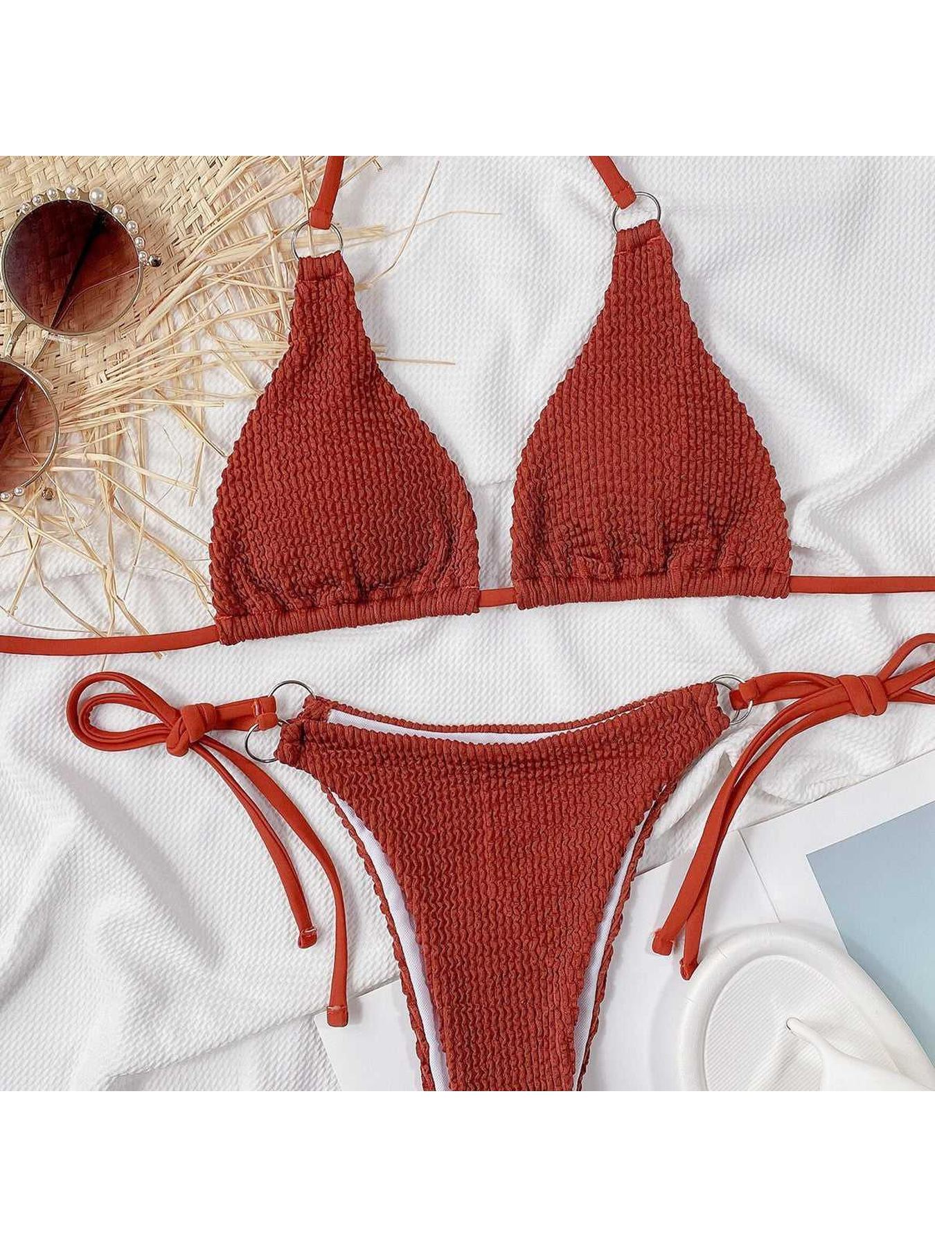 Textured Halter Neck Tie Side Bikini Set -- 