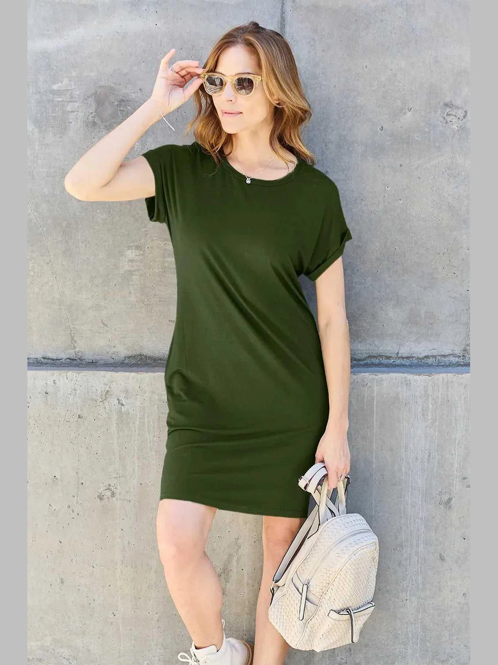 Basic Bae Full Size Round Neck Short Sleeve Dress with Pockets -- 