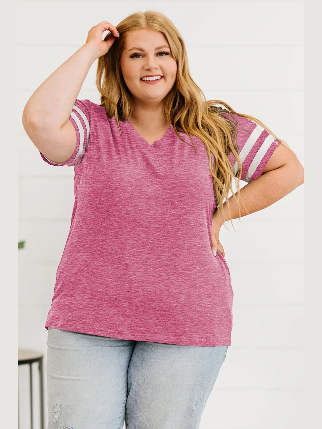Plus Size Striped V-Neck Tee Shirt -- 