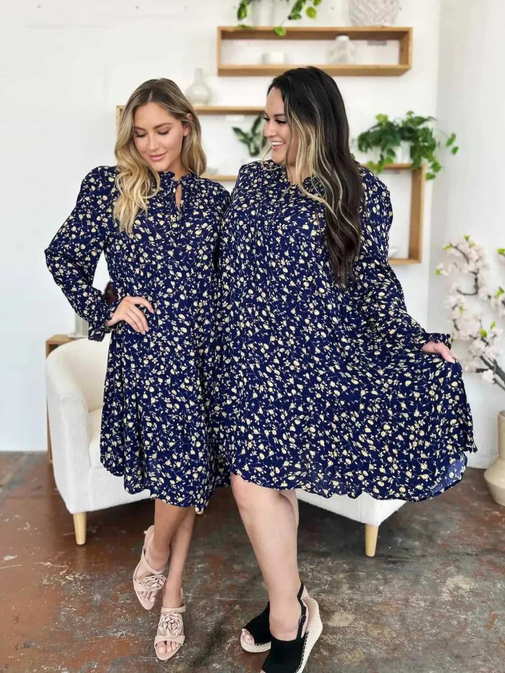 Double Take Full Size Printed Ruffle Hem Long Sleeve Tiered Dress -- 