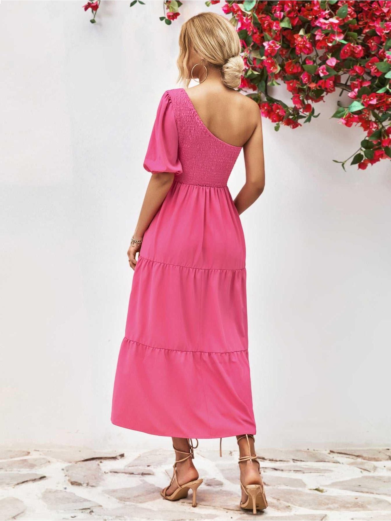 Smocked One-Shoulder Midi Dress -- 