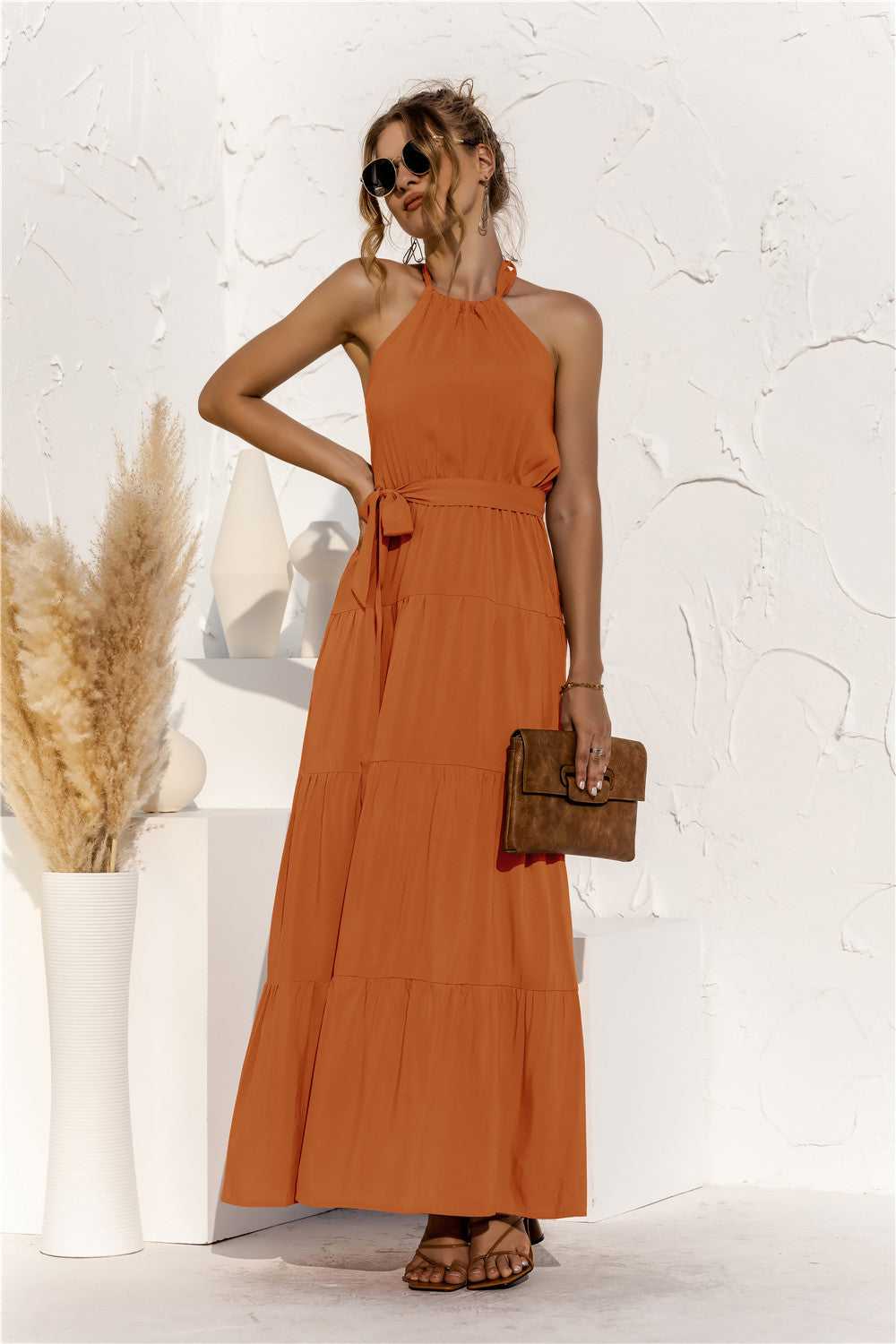 Halter Neck Tie Waist Tiered Maxi Dress - product_type from hopeford-streams.myshopify.com