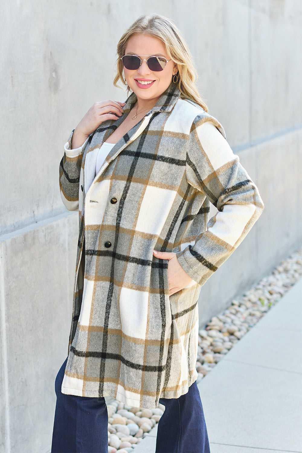 Double Take Full Size Plaid Button Up Lapel Collar Coat -- 