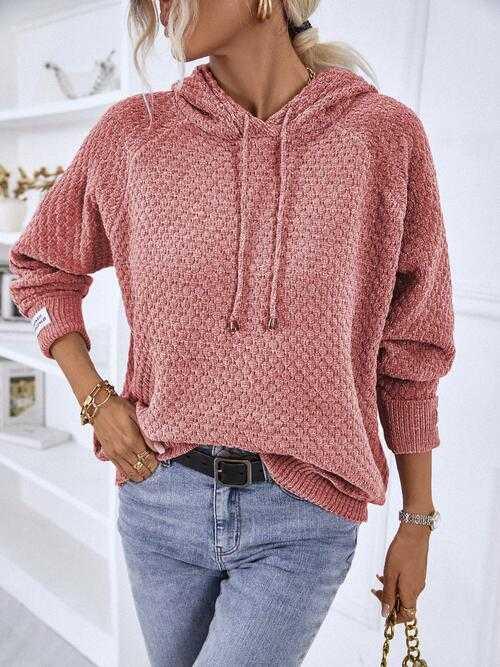 Texture Drawstring Long Sleeve Hooded Sweater -- 