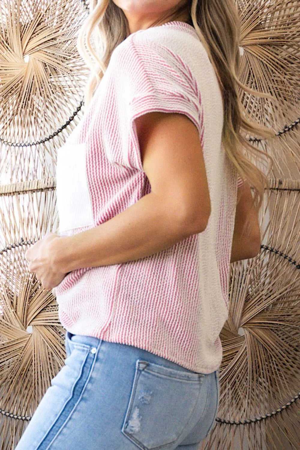 Corded Knit Color Block Pocketed Crew Neck T Shirt