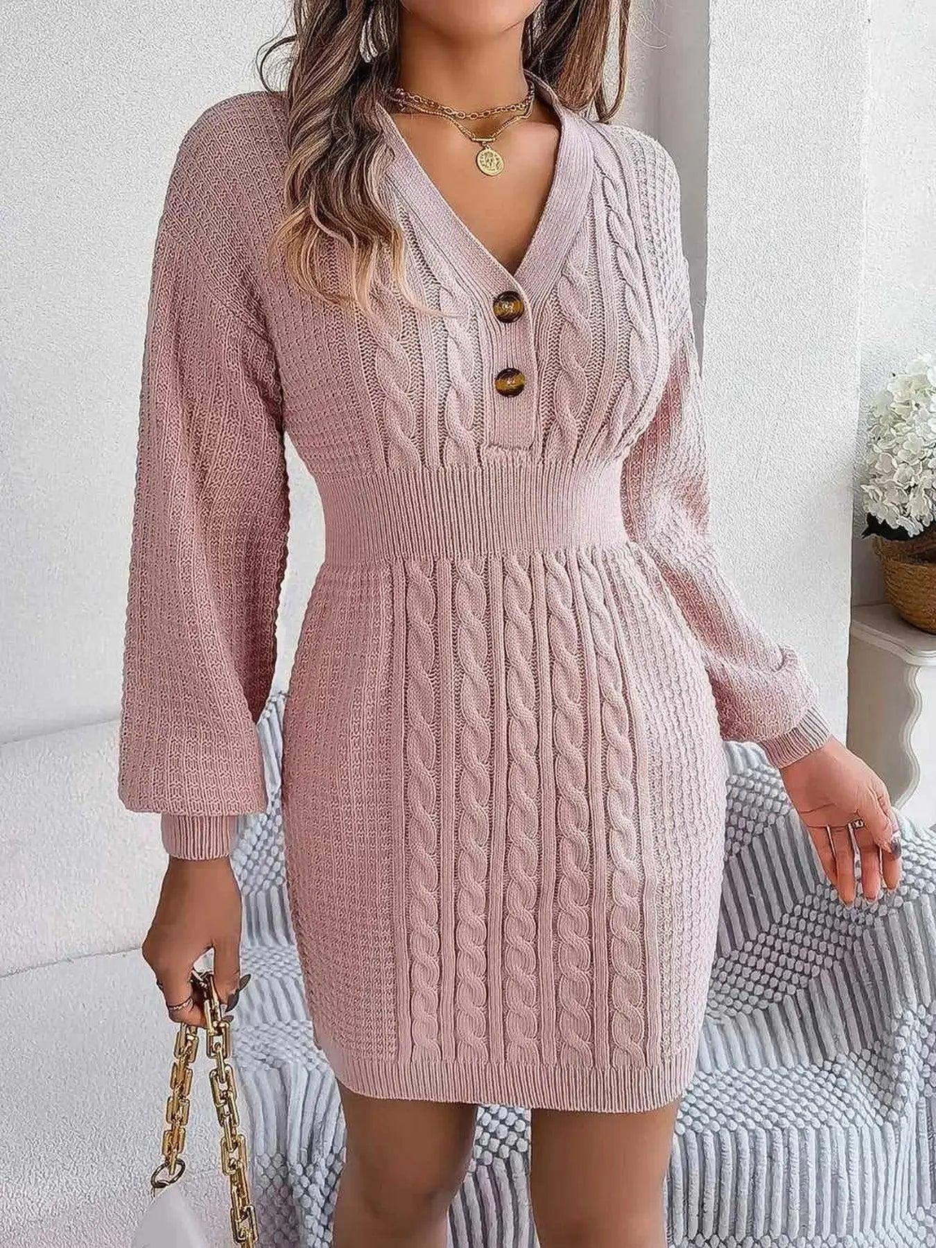 Buttoned Cable-Knit V-Neck Sweater Dress -- 