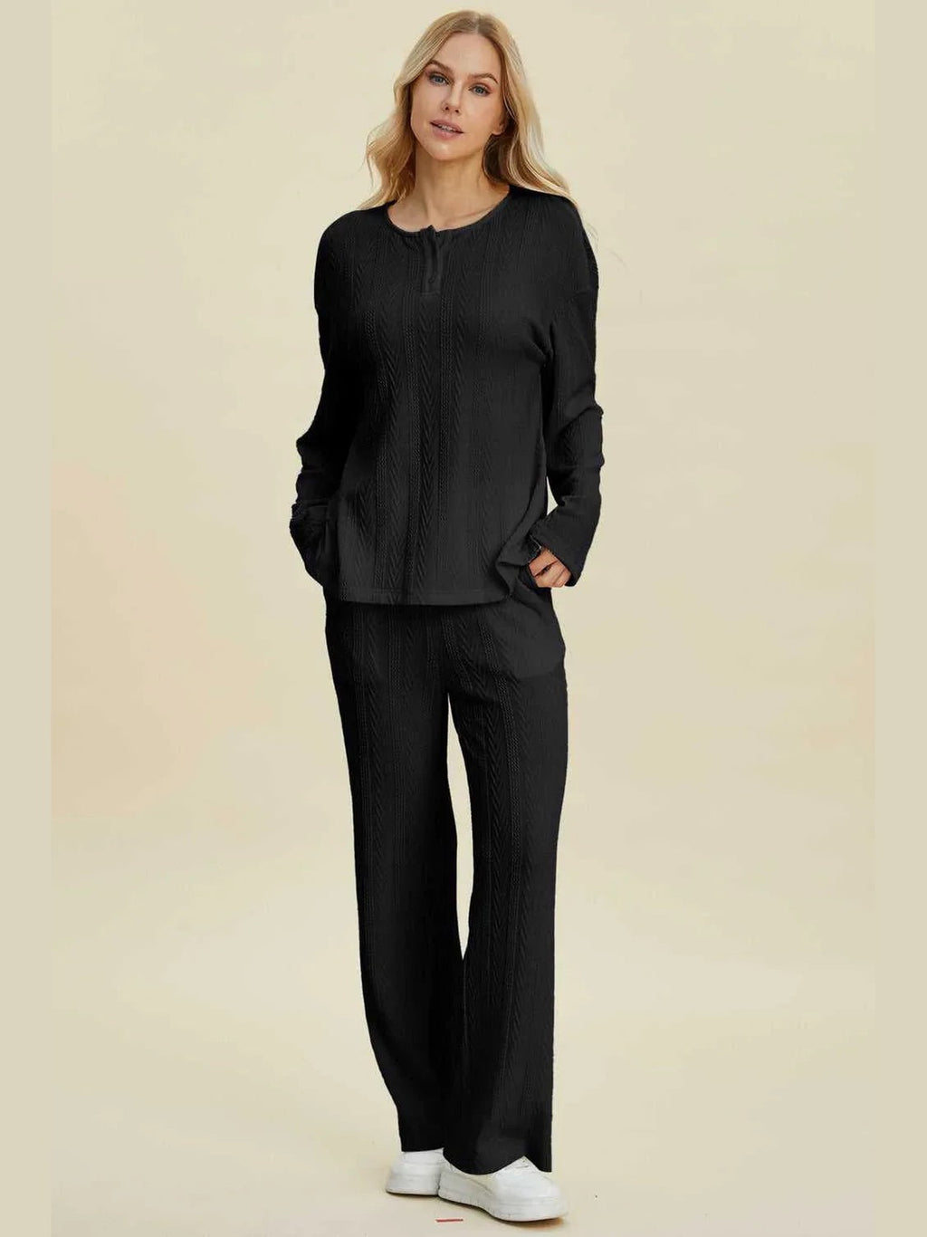Double Take Full Size Cable-Knit Long Sleeve Top and Pants Set -- 