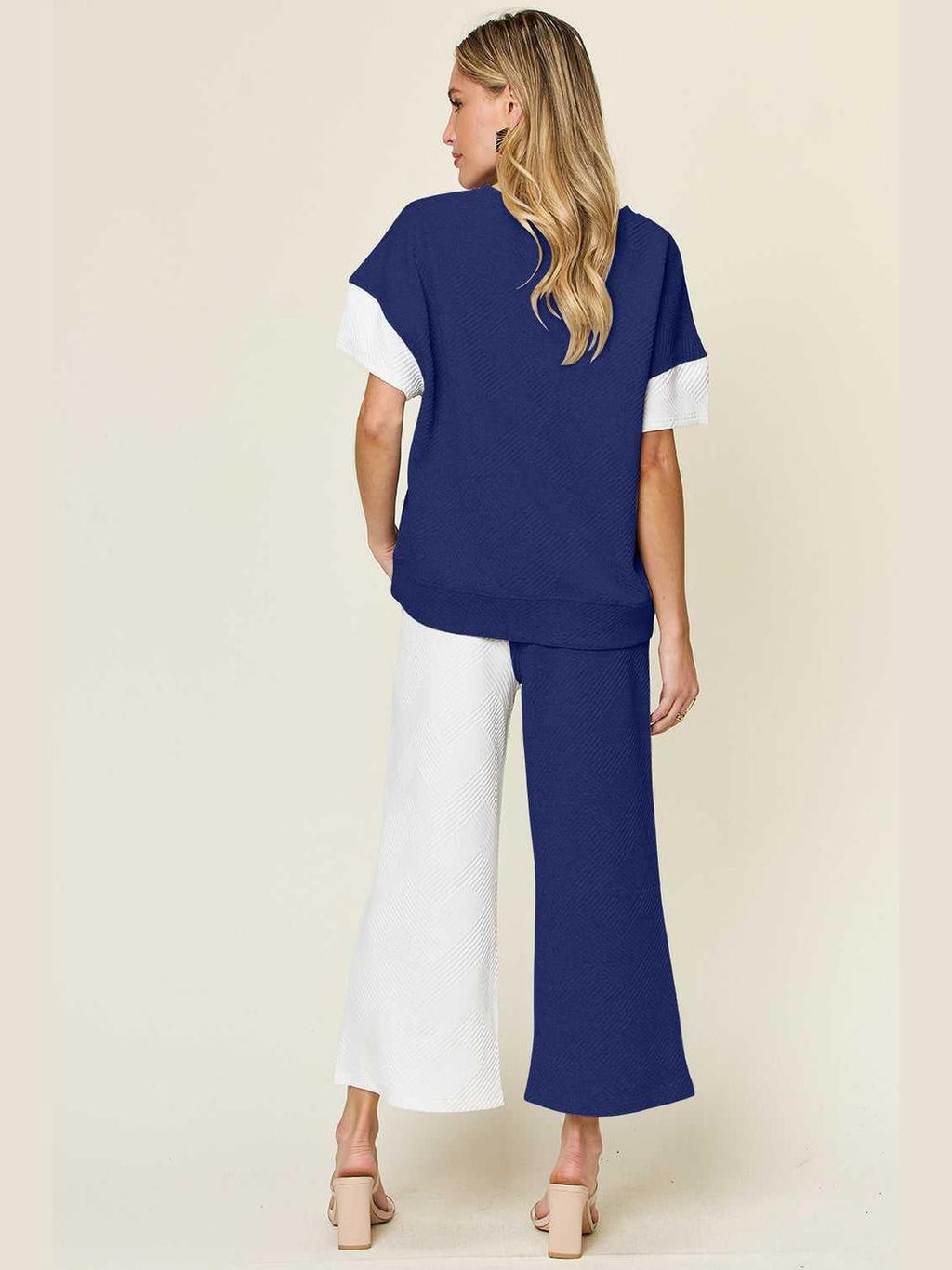 Double Take Full Size Texture Contrast T-Shirt and Wide Leg Pants Set -- 