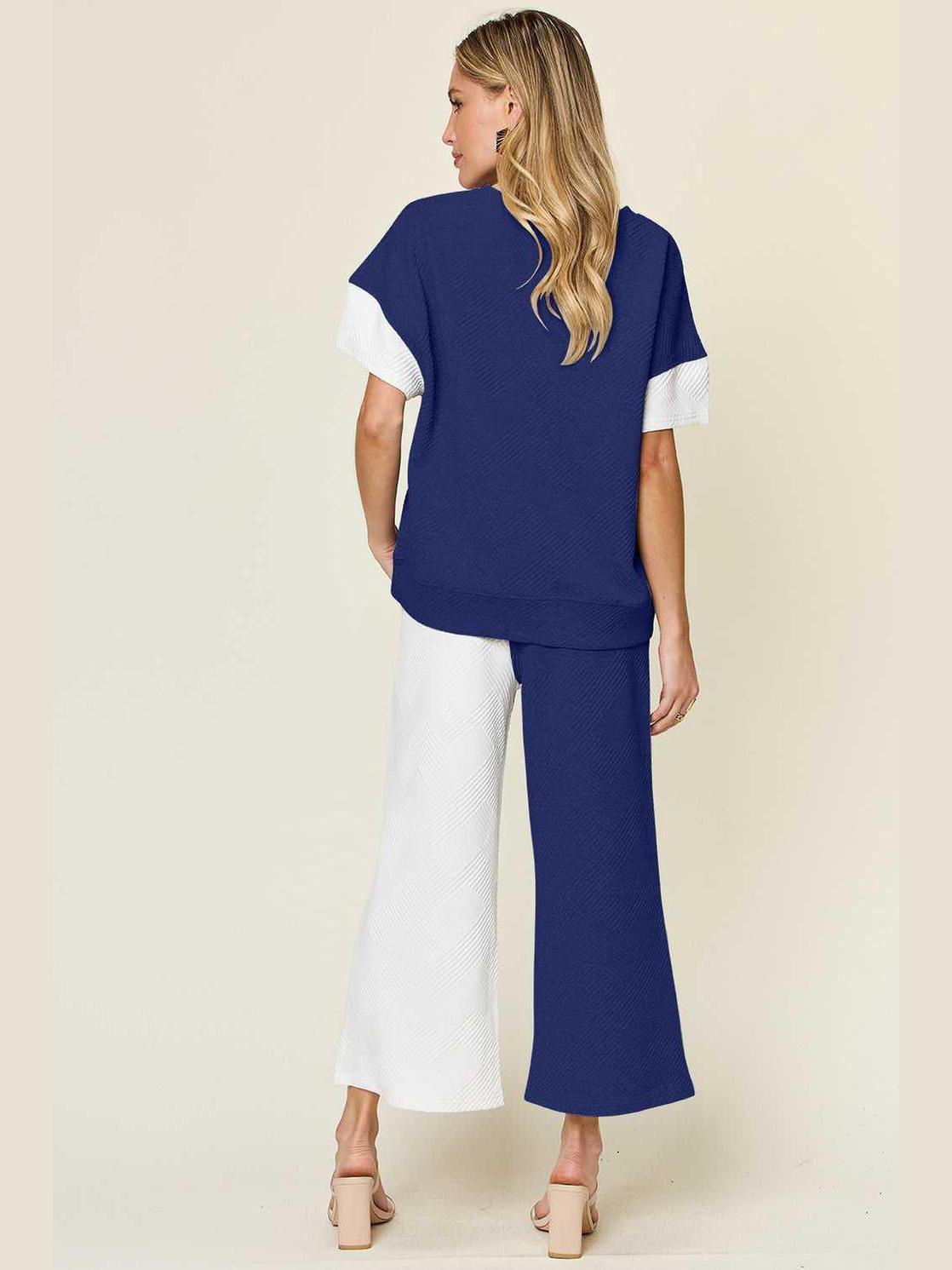 Double Take Full Size Texture Contrast T-Shirt and Wide Leg Pants Set -- 