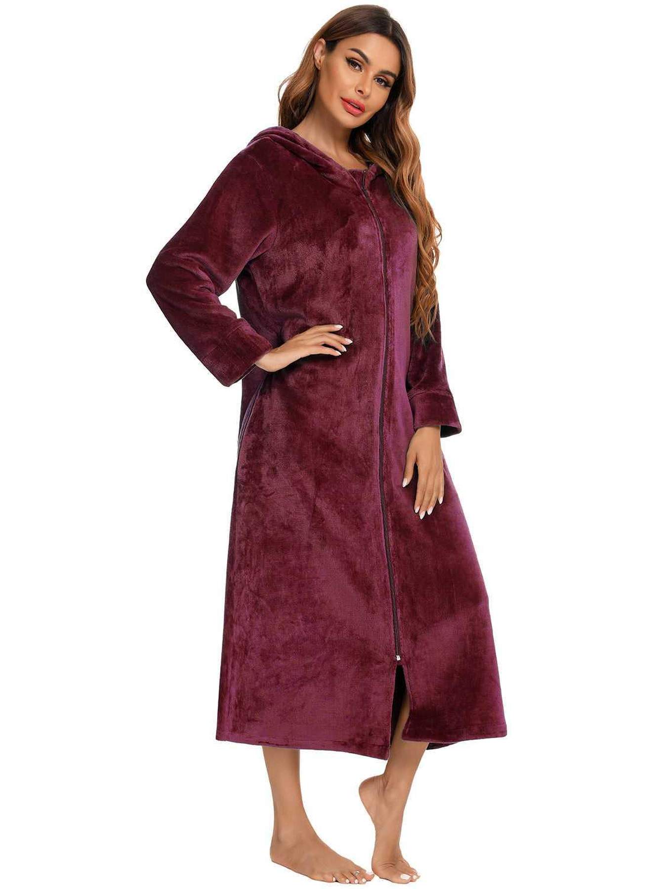 Zip Front Hooded Night Dress with Pockets -- 