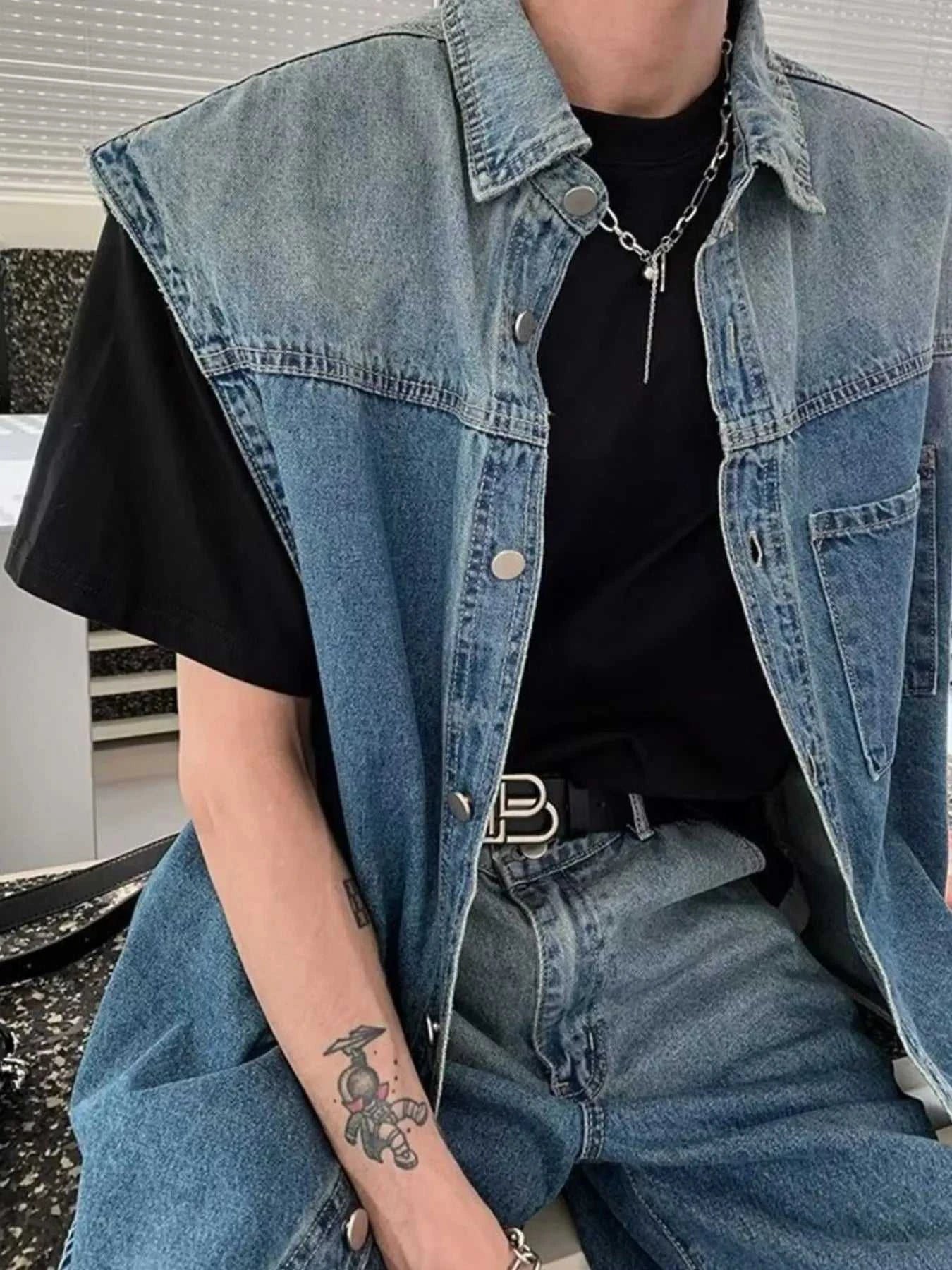 Men's Plus Size Button Up Vest and Shorts Denim Set