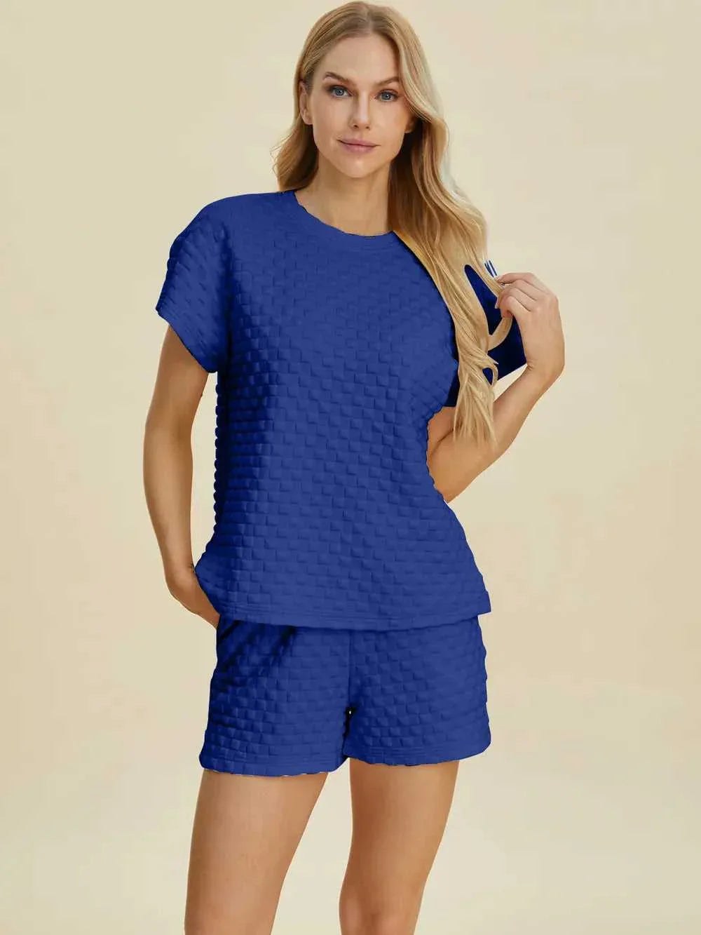 Double Take Full Size Texture T-Shirt and Shorts Set -- 