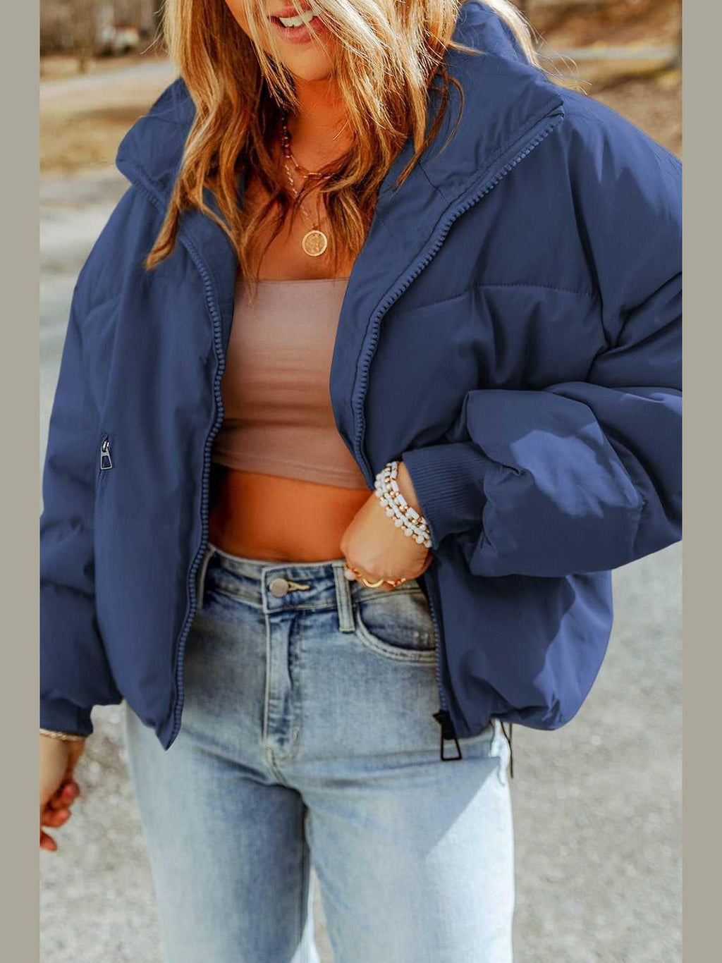 Zip Up Collared Neck Coat with Pockets -- 