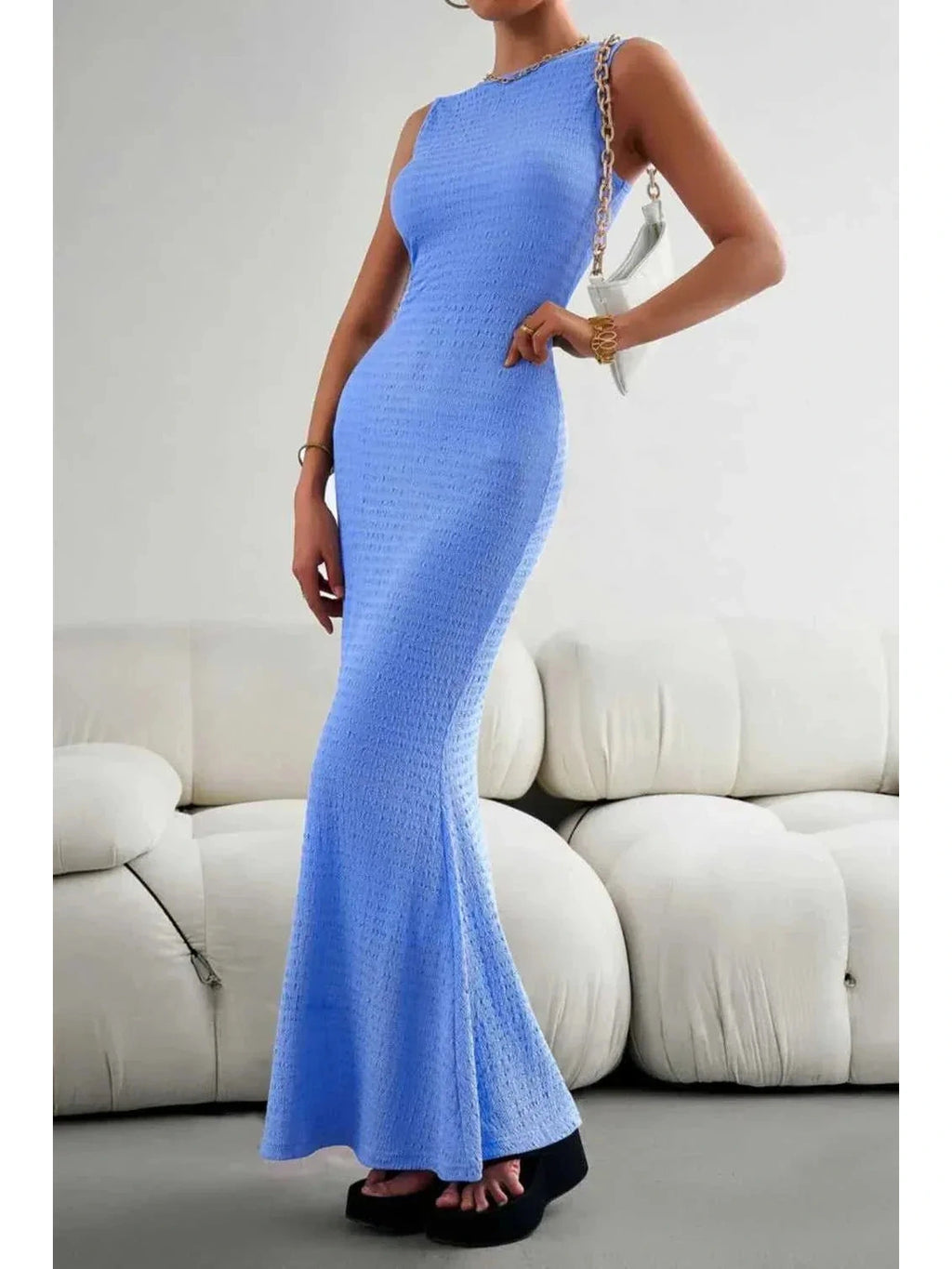 Devine Round Neck Sleeveless Maxi Fishtail Dress -- 