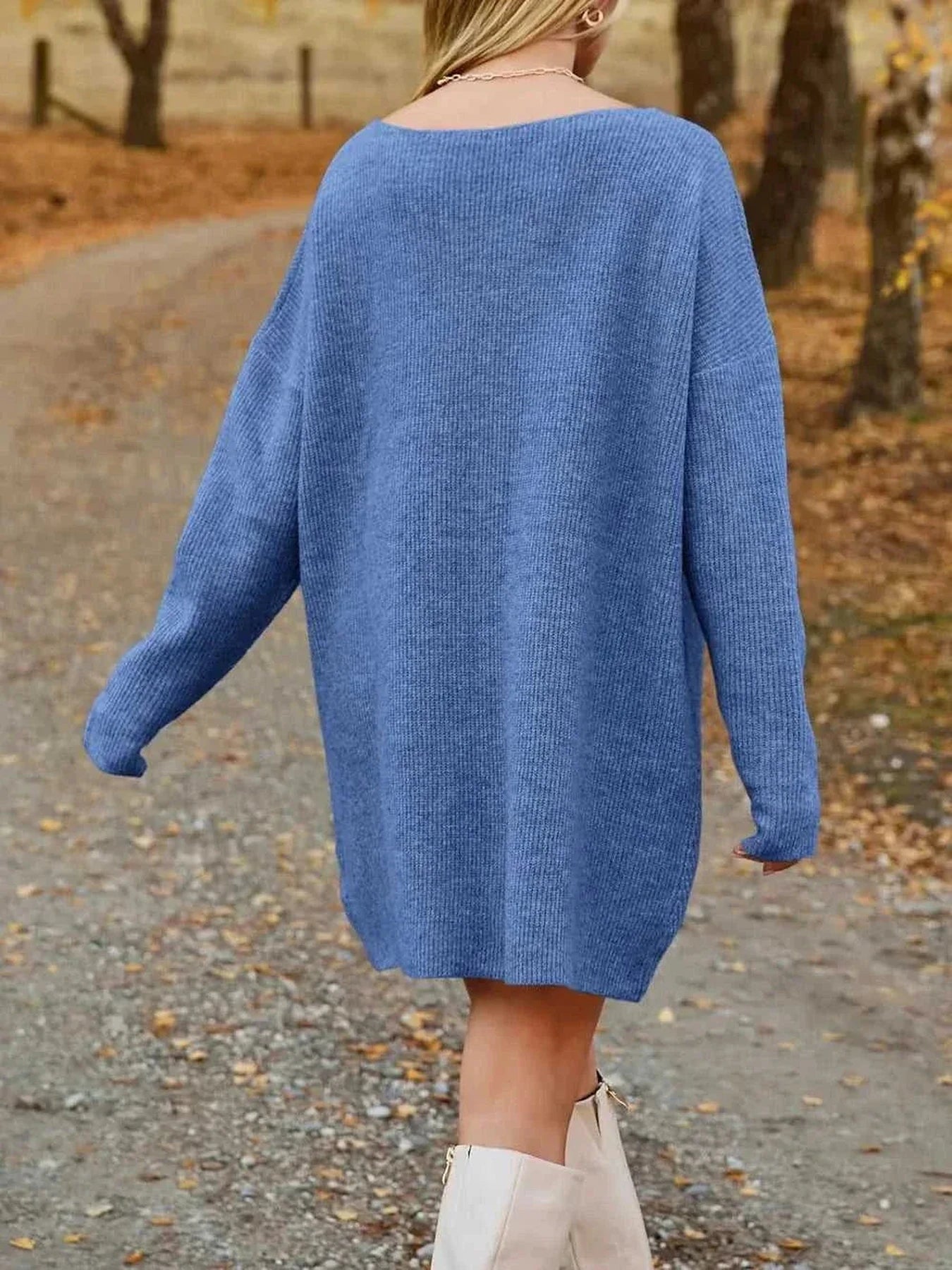 V-Neck Dropped Shoulder Sweater Dress -- 