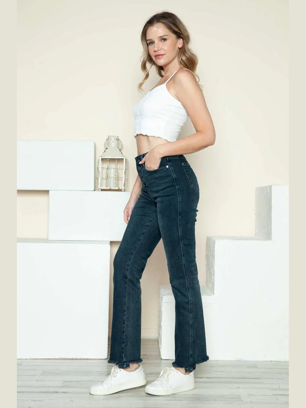 Judy Blue Full Size Button Fly Hem Destroy Straight Jeans -- 